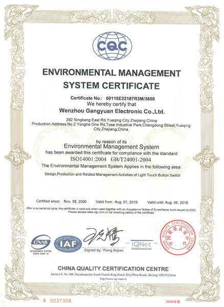我司英文环境管理体系认证证书